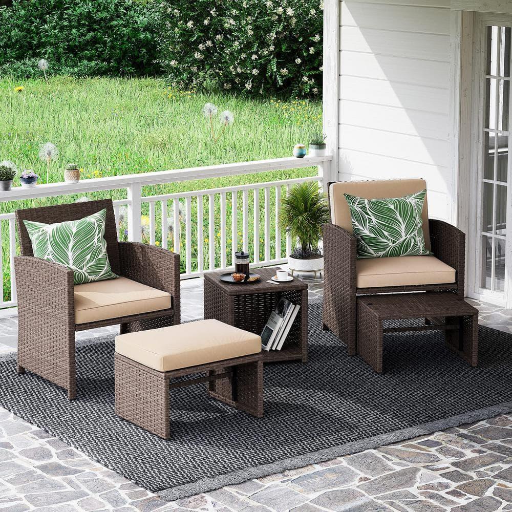 5-Piece Patio Conversation Set Balcony Furniture Set with Beige Cushions, Brown Wicker Chair with Ottoman, Storage Table for Backyard, Garden, Porch