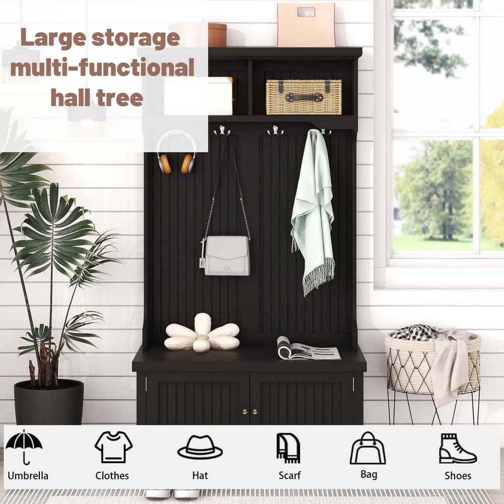 Infinity Hall Tree with Storage Shoe Bench for Entryway and Hallway, 4-in-1 Design Coat Racks with 4 Hooks for Living Room, Black
