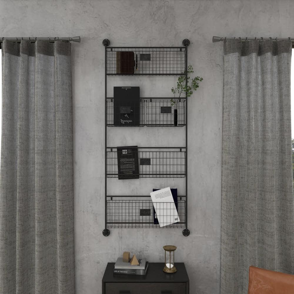 DecMode 4-Tier Industrial Wall Organizer Basket and Magazine Rack Holder, 27"W x 5"L x 61"H, Black Metal with Rustic Distressed Finish