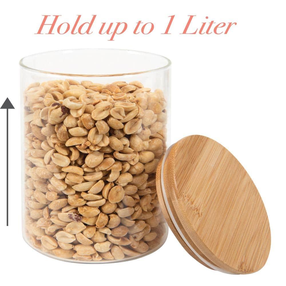 Kitchen Details Round Glass Jar | 1 Liter | Bamboo Airtight Seal Lid | Wide Mouth | Food Storage Canister | Tea or Coffee | Spices | Flour | Sugar | Clear