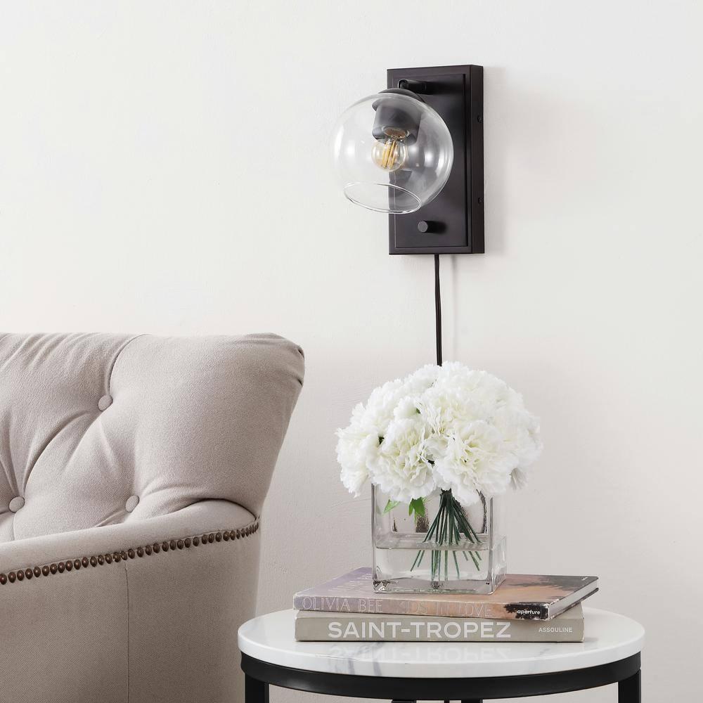 Hugo 6" 1-Light Minimalist Modern Plug-In or Hardwired Adjustable Iron LED Wall Sconce with Rotary Dimmer, Oil Rubbed Bronze with Clear Globe