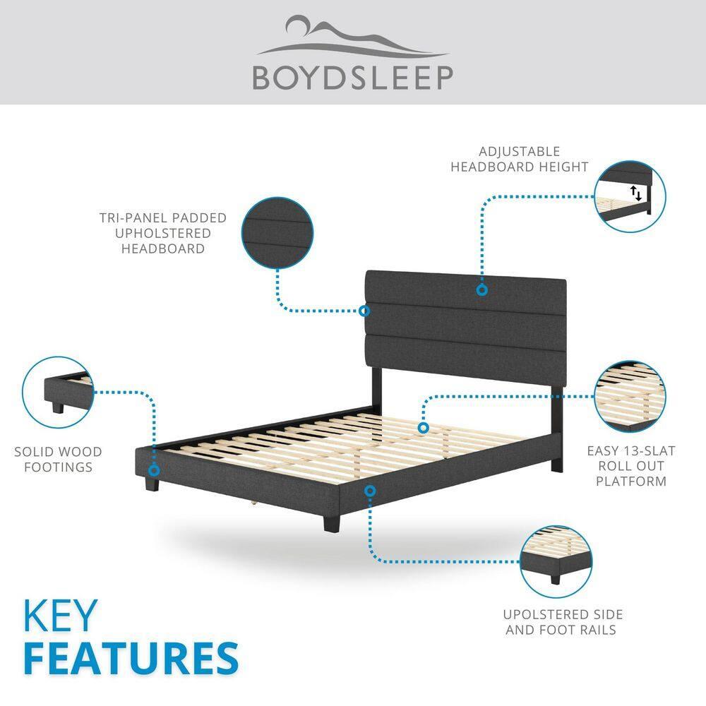 Boyd Sleep Boyd Sleep Sicily Upholstered Linen Tri Panel Platform Bed Frame with Adjustable Height Headboard, Sturdy 13 Slat Support System, No Box Spring Required