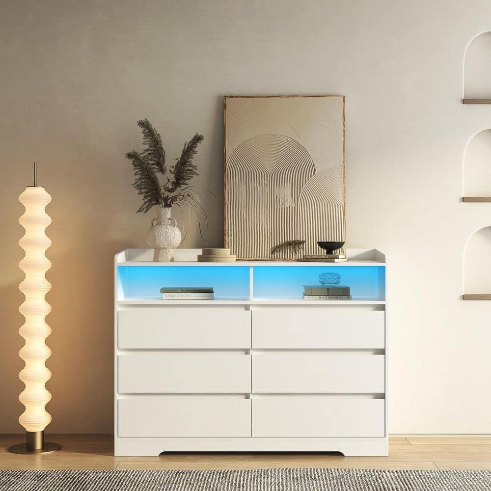 6 Drawer Dresser, White Chest of Drawers for Bedroom with LED Lights, for Living Room, Entryway, Hallway