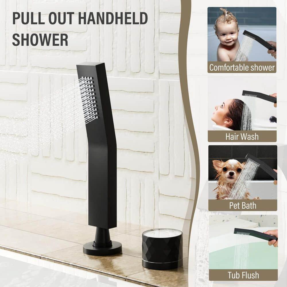 Matte Black Waterfall Roman Tub Faucet with Hand Shower