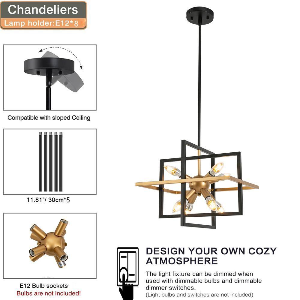 Modern Black and Gold Chandelier, 8-Light Geometric Pendant Light Fixture, Dining Light Fixtures Adjustable Chandelier for Dining Room Entryway Foyer Hallway Bedroom Living Room Kitchen Island
