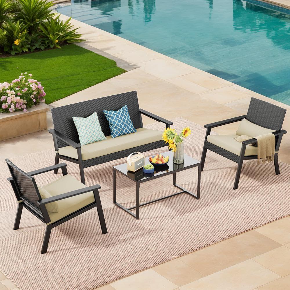 Patio Conversation Sets for 4, Lofka 4 Pieces Patio Furniture Sets with Rocking Bistro Fabric chairs, Garden Loveseat, Glass Coffee Table for Backyard, Poolside, Porch, Lawn, Black