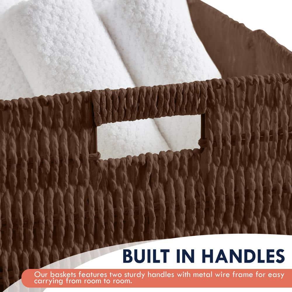Ornavo Home Wicker Storage Cubes Bin, 10.5 Inch Storage Shelf Basket Collapsible Natural Hand Woven Paper Storage Cube Bin with Handles - Set of 2, Brown