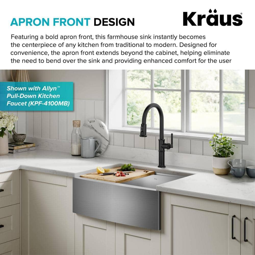 KRAUS Kore™ 27" L Farmhouse Apron Front Workstation 16 Gauge Stainless Steel Single Bowl Kitchen Sink with Accessories