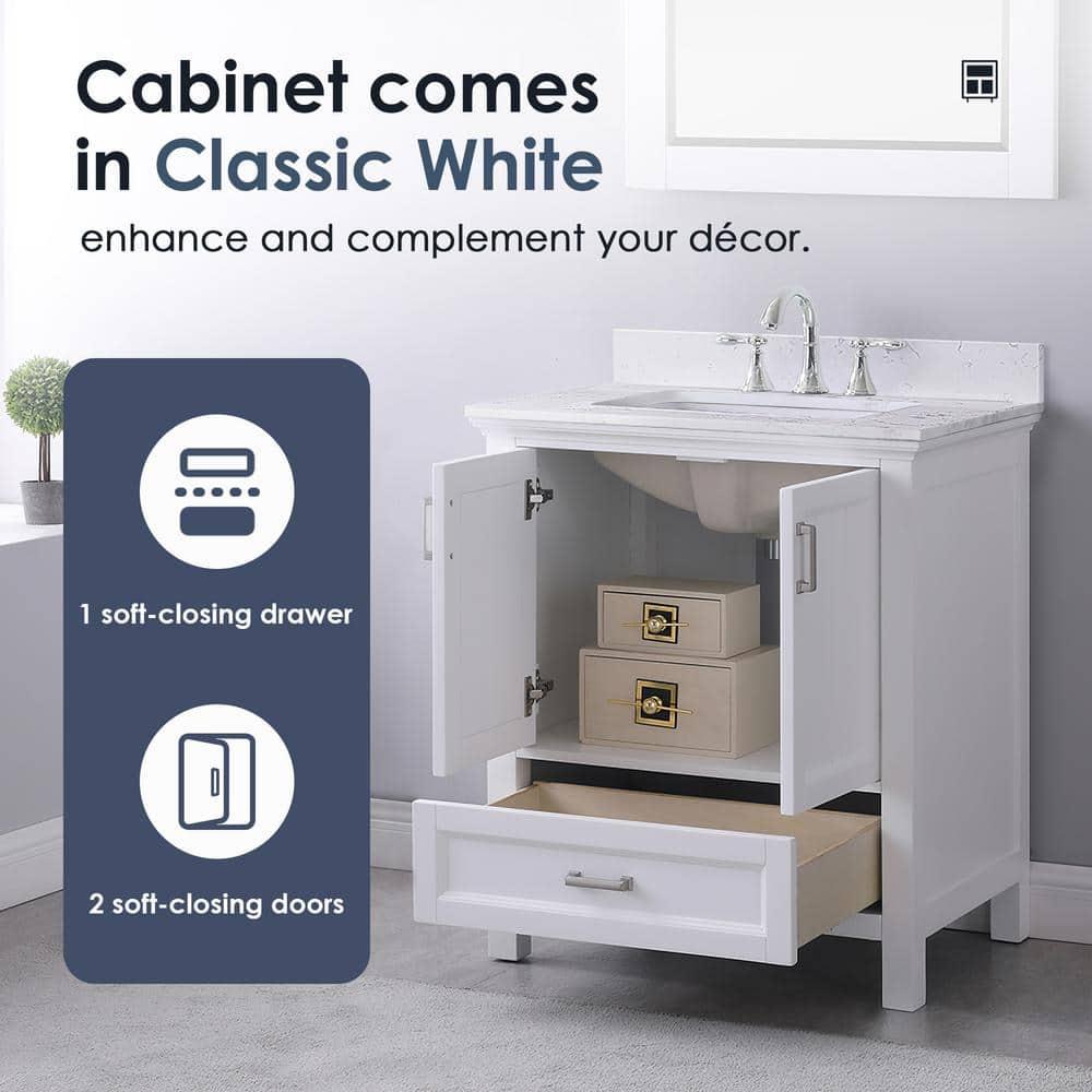 Isla 30" Single Bathroom Vanity Set in White and Carrara White Marble Countertop without Mirror