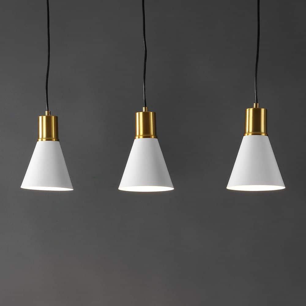 Apollo 33.5" 3-Light Mid-Century Modern Iron Adjustable Linear LED Pendant, White/Brass Gold
