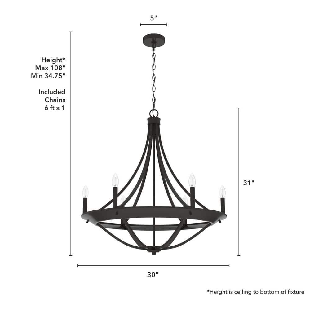 Hunter - Perch Point 6-light Noble Bronze, Large Chandelier, Dimmable, Casual Style, Empire Shaped, for Bedrooms, Kitchens, Dining, Living Rooms - 19414
