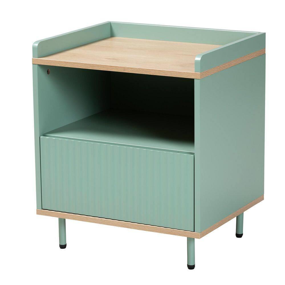 Tavita Two-Tone Wood 1 Drawer End Table Oak Brown/Mint Green - Baxton Studio: Side Table with Storage Shelf