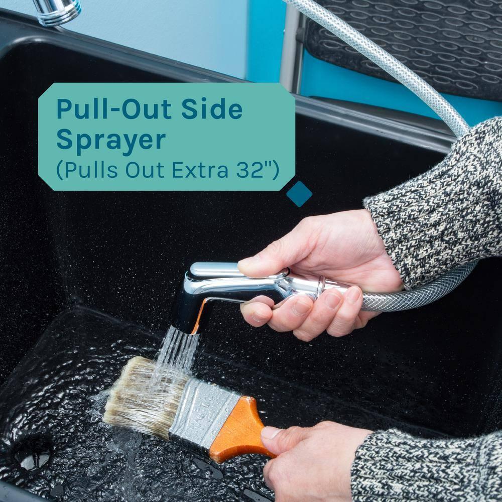 TEHILA Space Saver 16 Gallon Black Utility Sink with Chrome Finish Faucet & Side-Sprayer