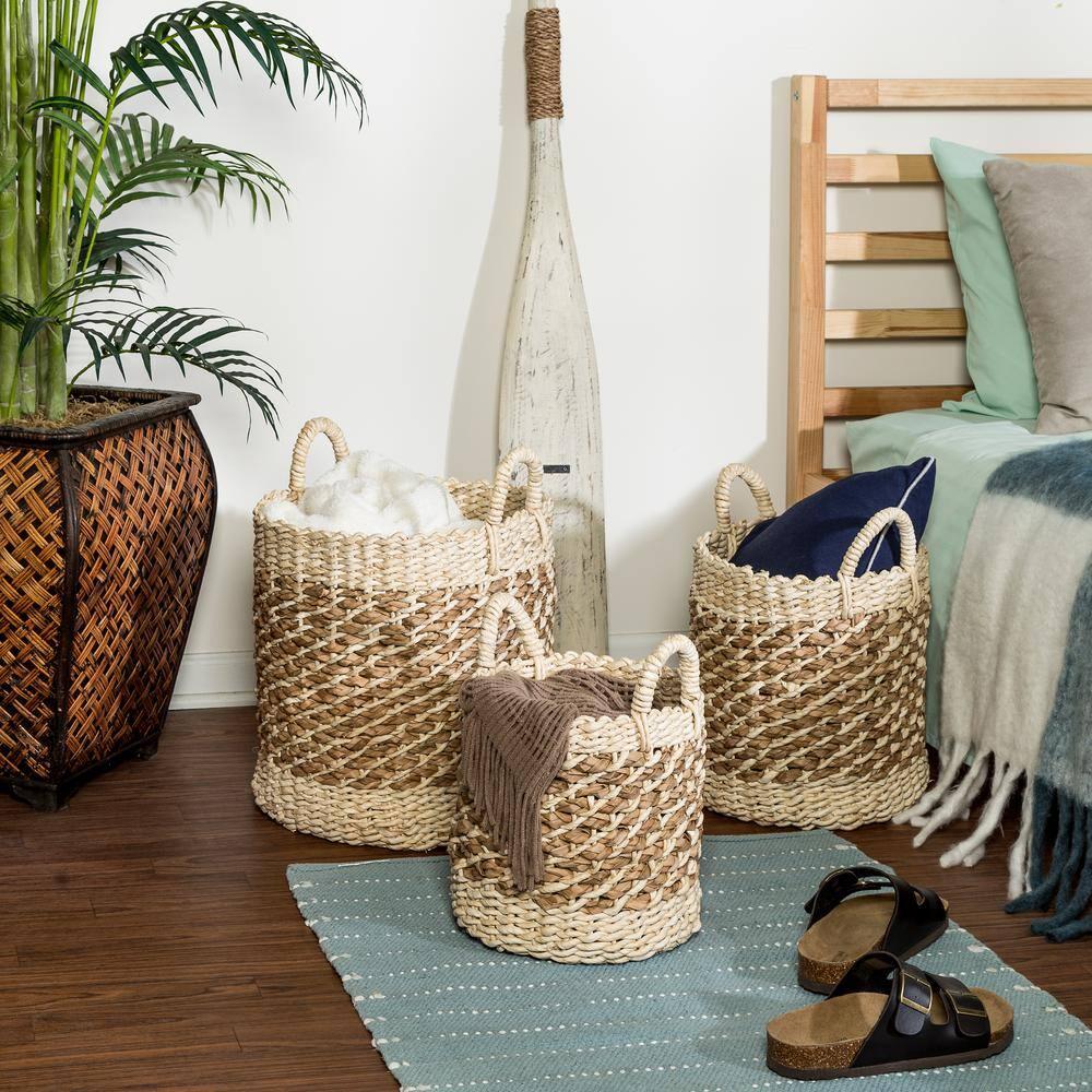 Coastal Wicker Basket With Handles - Set of 3