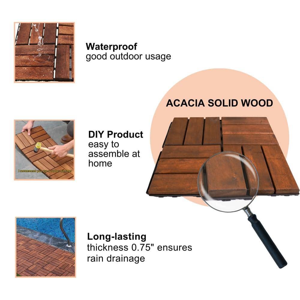 12" x 12" Brown Acacia Wood Interlocking Deck Tiles Set
