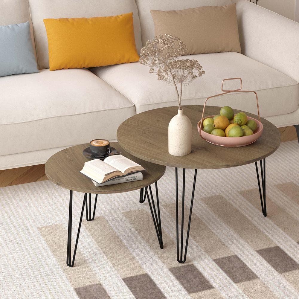 Yesfashion 27.56" Nesting Coffee Table Set Of 2, Modern Round Marble Pattern Wooden Side Tables With Metal Frame, Circular Nesting End Table Set For Living Room