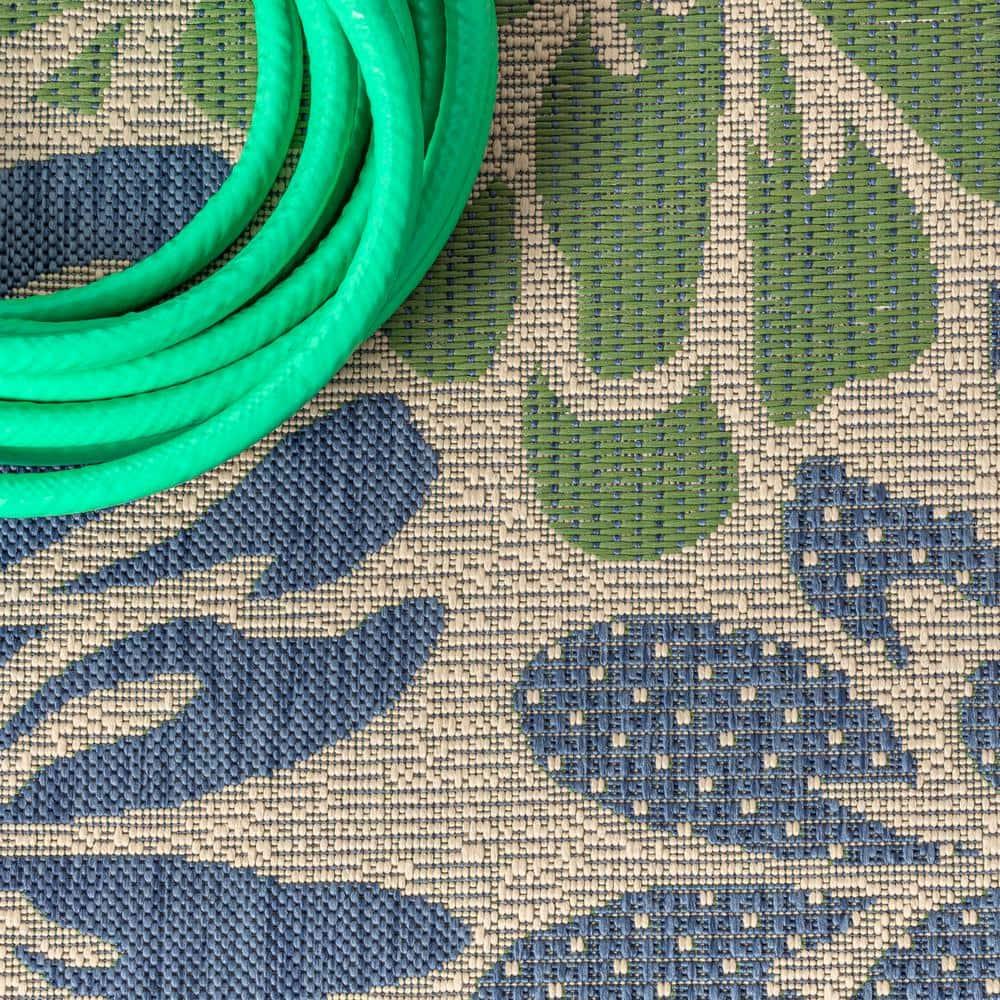 9' X 12' Zinnia Modern Floral Textured Weave Indoor/Outdoor Area Rug, Navy/Green - JONATHAN Y