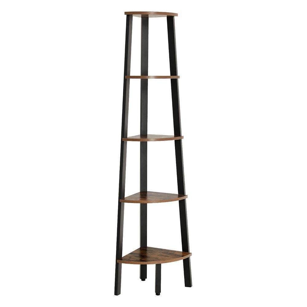 63 Inch Corner Bookcase 5 Tier Shelves, Ladder Storage, Rustic Brown, Black - Saltoro Sherpi