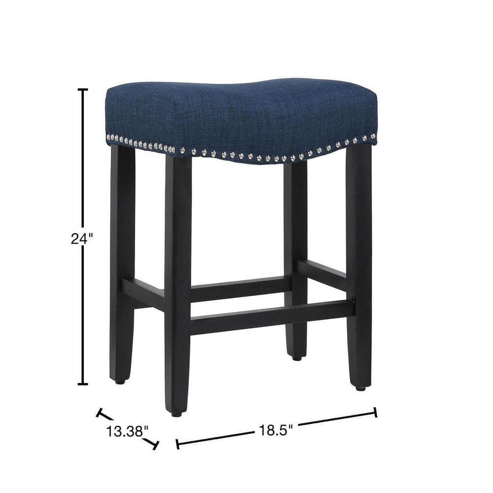 Westin Outdoor Yazan 24" Upholstered Bar Stool with Nail Head Trim (Set of 2), Black/Navy Blue