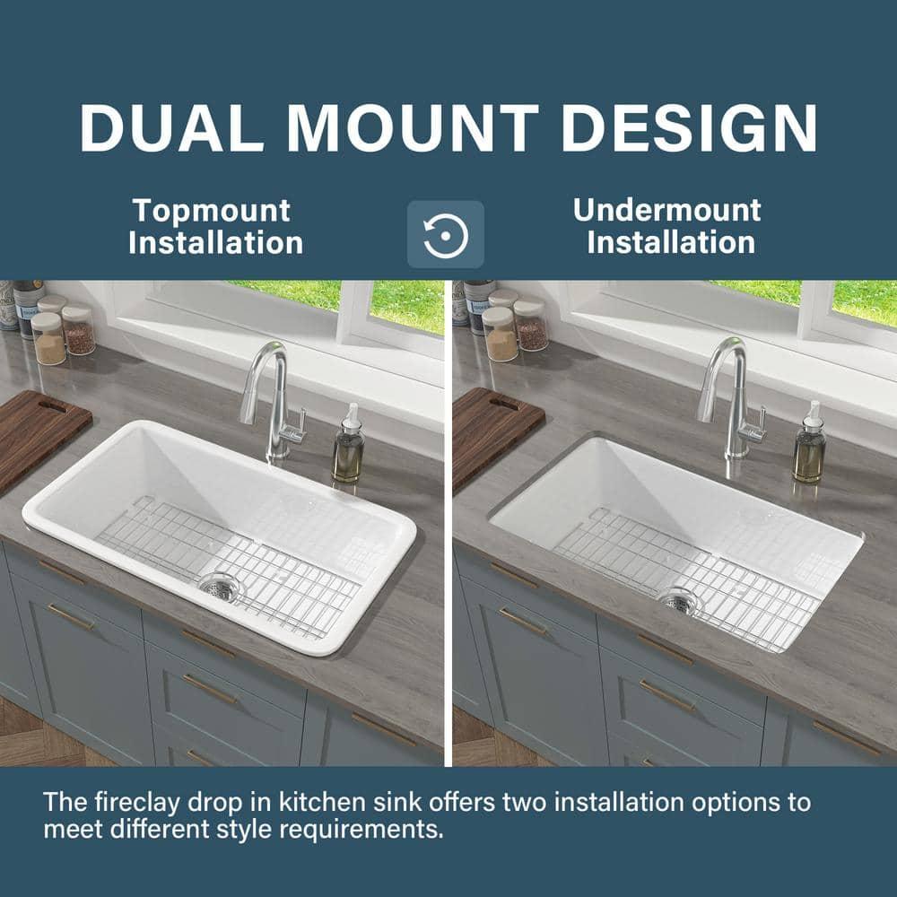32" L x 19" W Single Bowl Fireclay Kitchen Sinks White with Bottom Grids and Basket Strainer