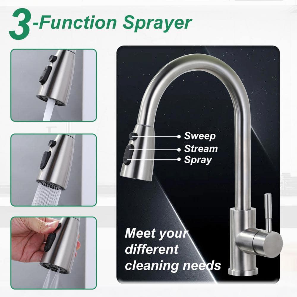 ARCORA Single Handle Stainless Steel Pull-Down Kitchen Faucet with Deckplate and Glass Rinser Combo