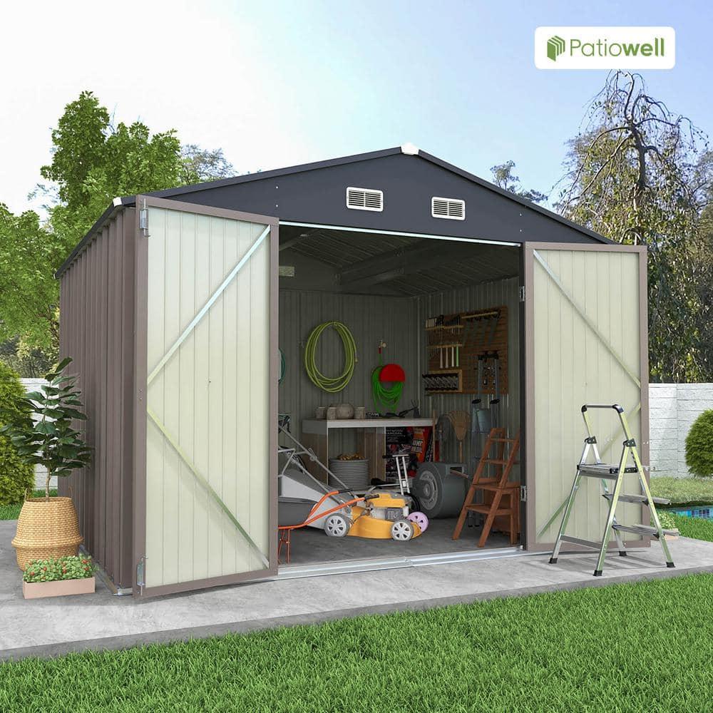 Patiowell 10' x 8' Outdoor Storage Shed with Floor Frame Kit, Metal Garden Tool Shed with Design of Lockable Doors, Utility and Tool Storage for Garden, Backyard, Patio, and Outside Use, Brown