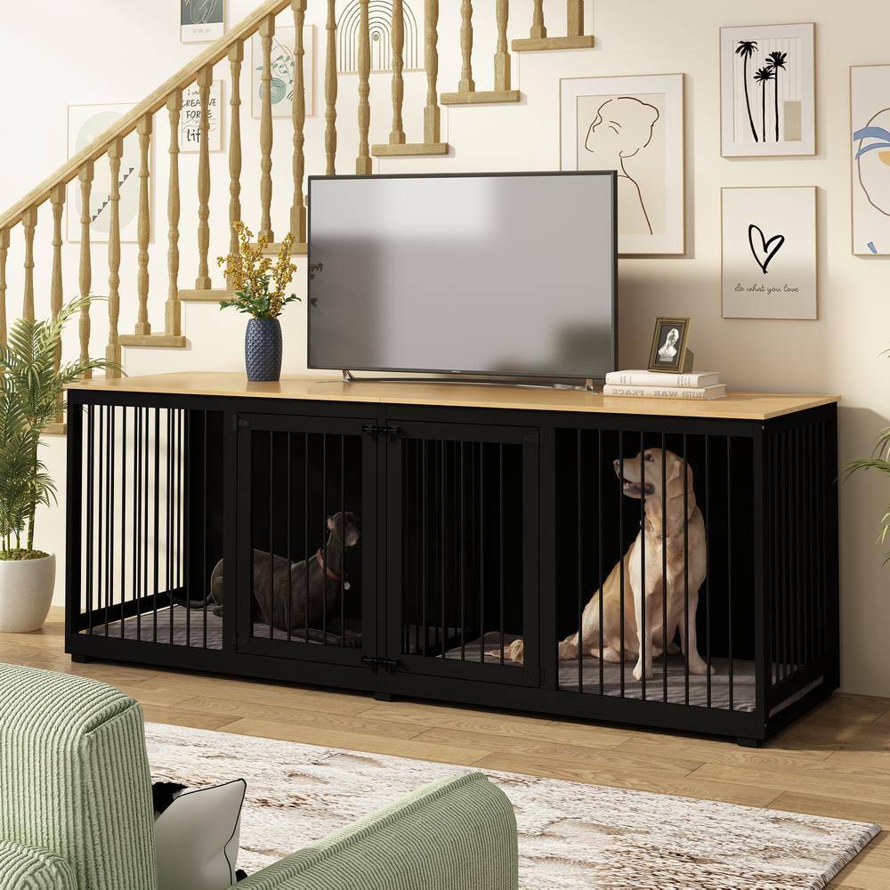 94.5" Extra Large Dog Crate Furniture, Heavy Duty Dog Kennel with a Removable Divider, Indoor Furniture Style Dog Crate House TV Stand with Double Rooms for Large Medium Breed Dogs, Black