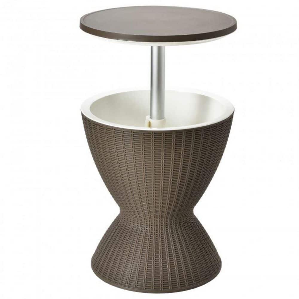 Demifill 3 In 1 8 Gallon Patio Rattan Cooler Bar Table with Adjust Ice Bucket, Outdoor Ice Cooler with Exquisite Wicker Outlook, Versatile Ice Cooler for Outdoor as Patio, Poolside, Brown
