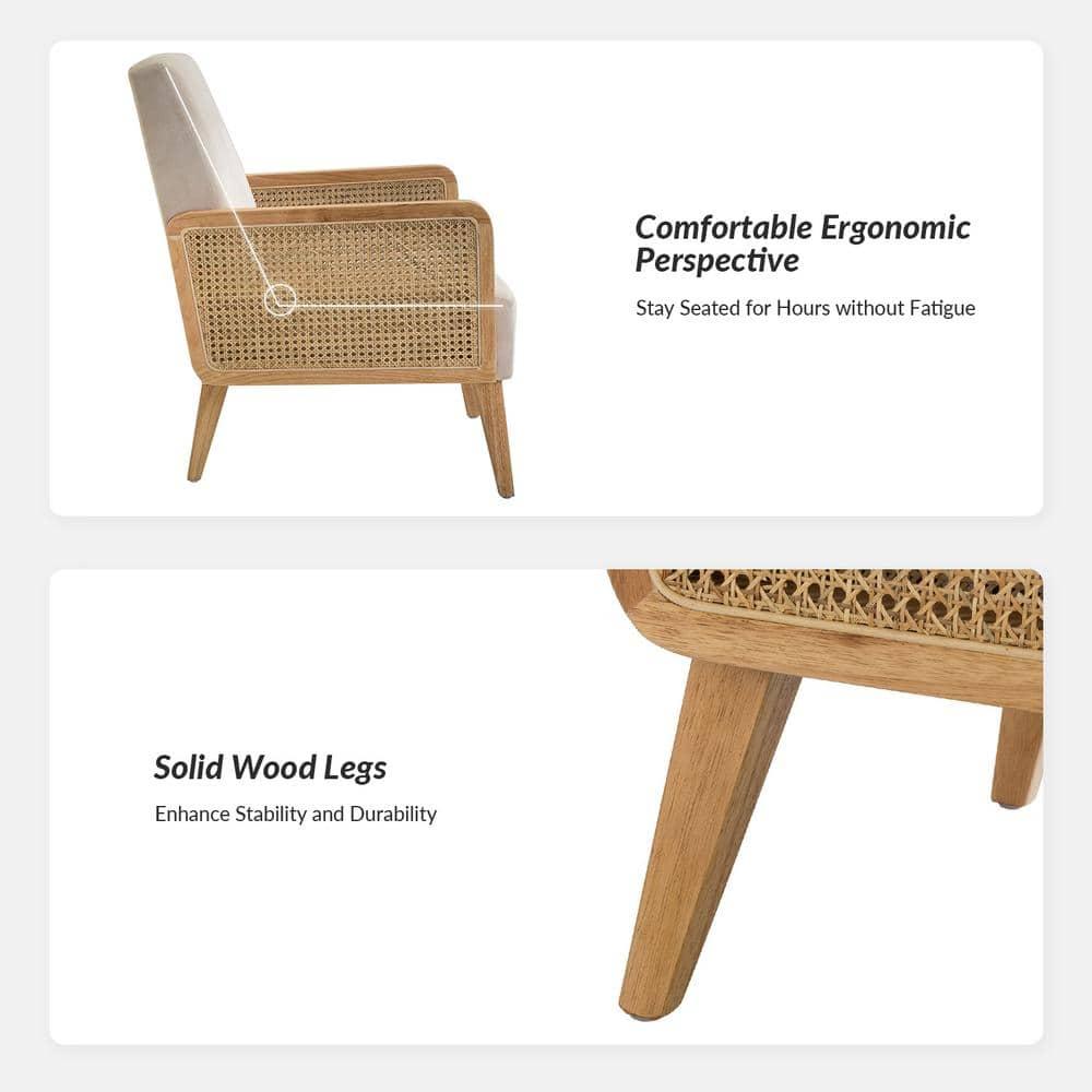 Midcentury Accent Chair Set of 2 Rattan Armrests Fabric Upholstered Wooden Reading Armchair Living Bedroom Beige