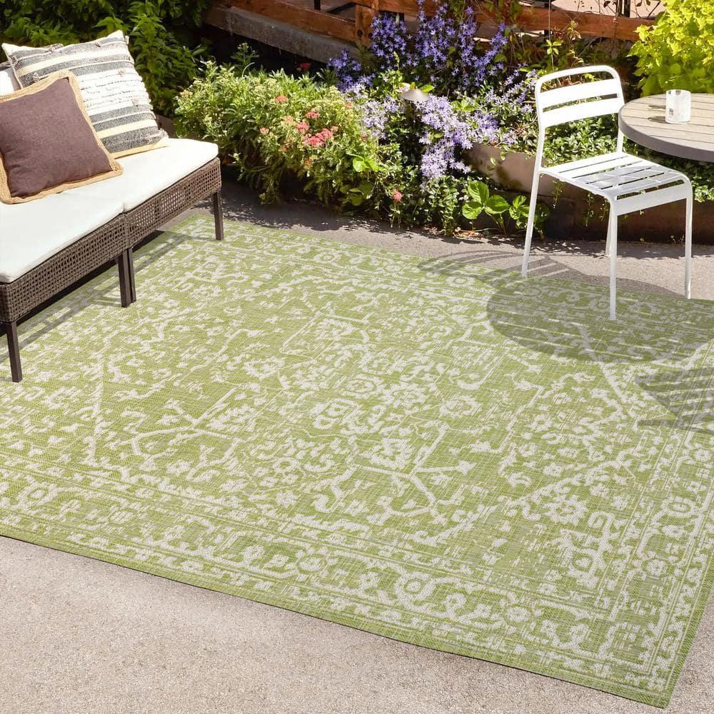 8' x 10' Malta Bohemian Styled Medallion Textured Weave Indoor/Outdoor Area Rug, Green/Cream - JONATHAN Y