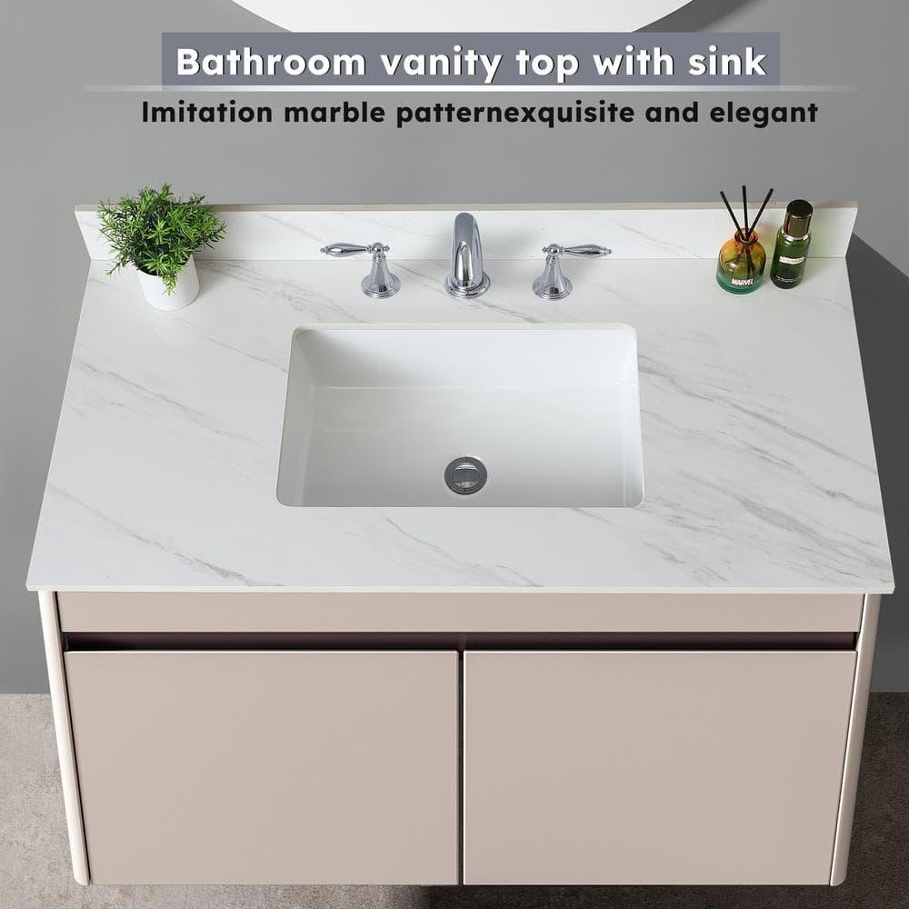 Tech Cube 43 Inch Marble Vanity Top, White Vanity Top With Pre-Drilled Faucet Holes, Bathroom Vanity Top With Undermount Rectangular Middle Sink And 4" Height Backsplash,  Bianco Carrara Venato TCYX14547A