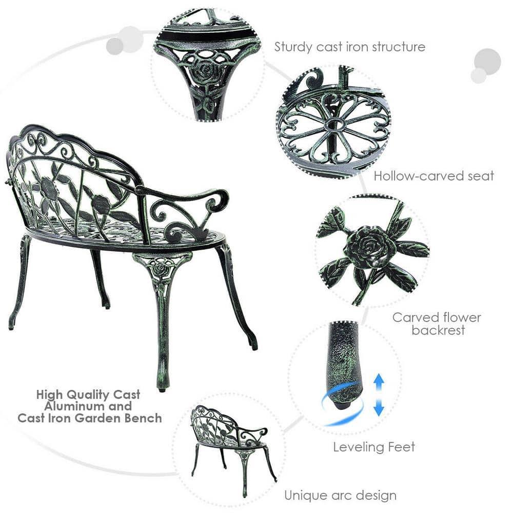 Costway Patio Garden Bench Chair Style Porch Cast Aluminum Outdoor Rose Antique Green