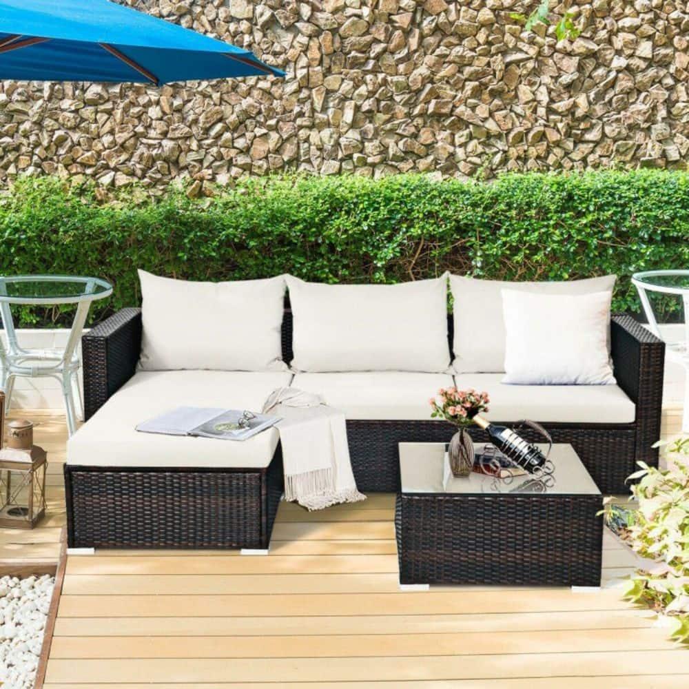Topcobe 5 Pieces Patio Rattan Sectional Furniture Set with Cushions and Coffee Table, Outdoor Furniture, Off White