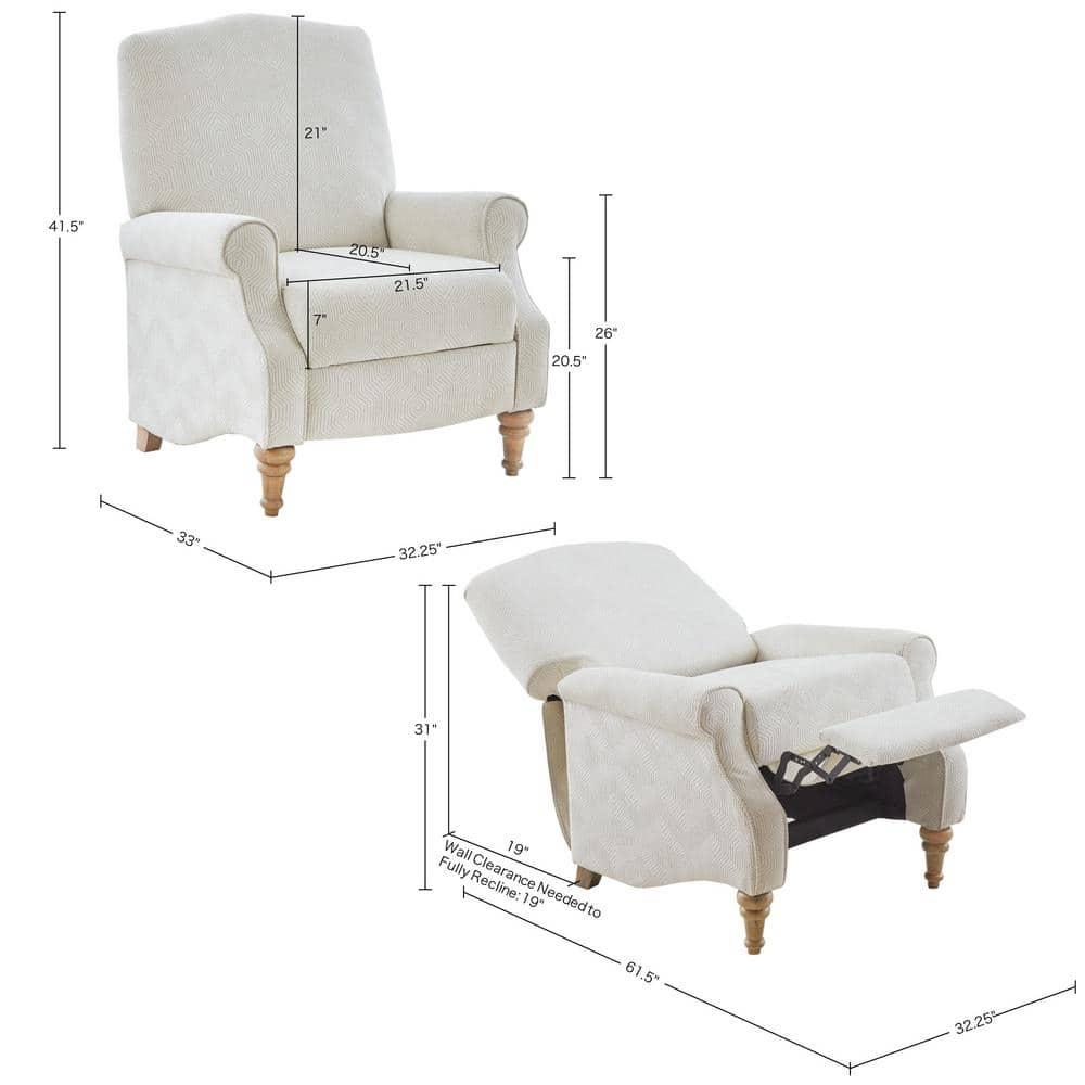 Cranberry Push Back Recliner Ivory: Madison Park, Elegant Jacquard Fabric, Turned Wood Legs, No Tools Assembly