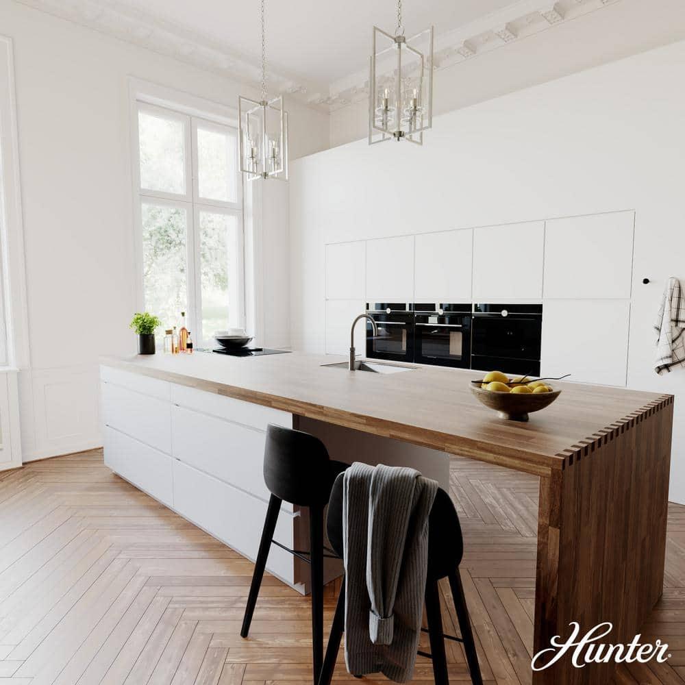 Hunter - Kerrison 4-light Brushed Nickel, Medium Size Pendant Light, Dimmable, Rectangle Shaped, for Bedrooms, Dining, Living Rooms - 19539