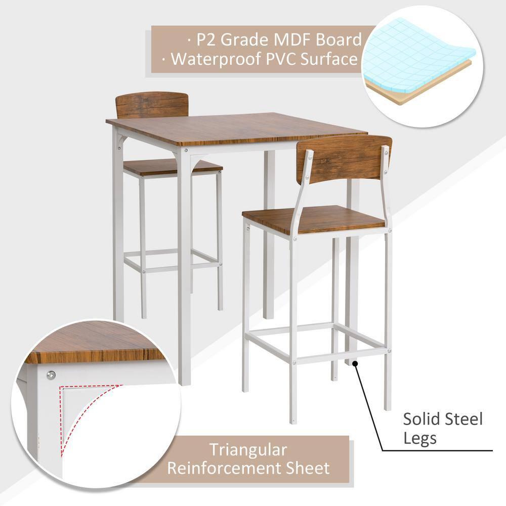 HOMCOM 3 Piece Bar Table and Chairs Set, Industrial Small Dining Table Set for 2, Square Kitchen Table and Stools, Walnut and White