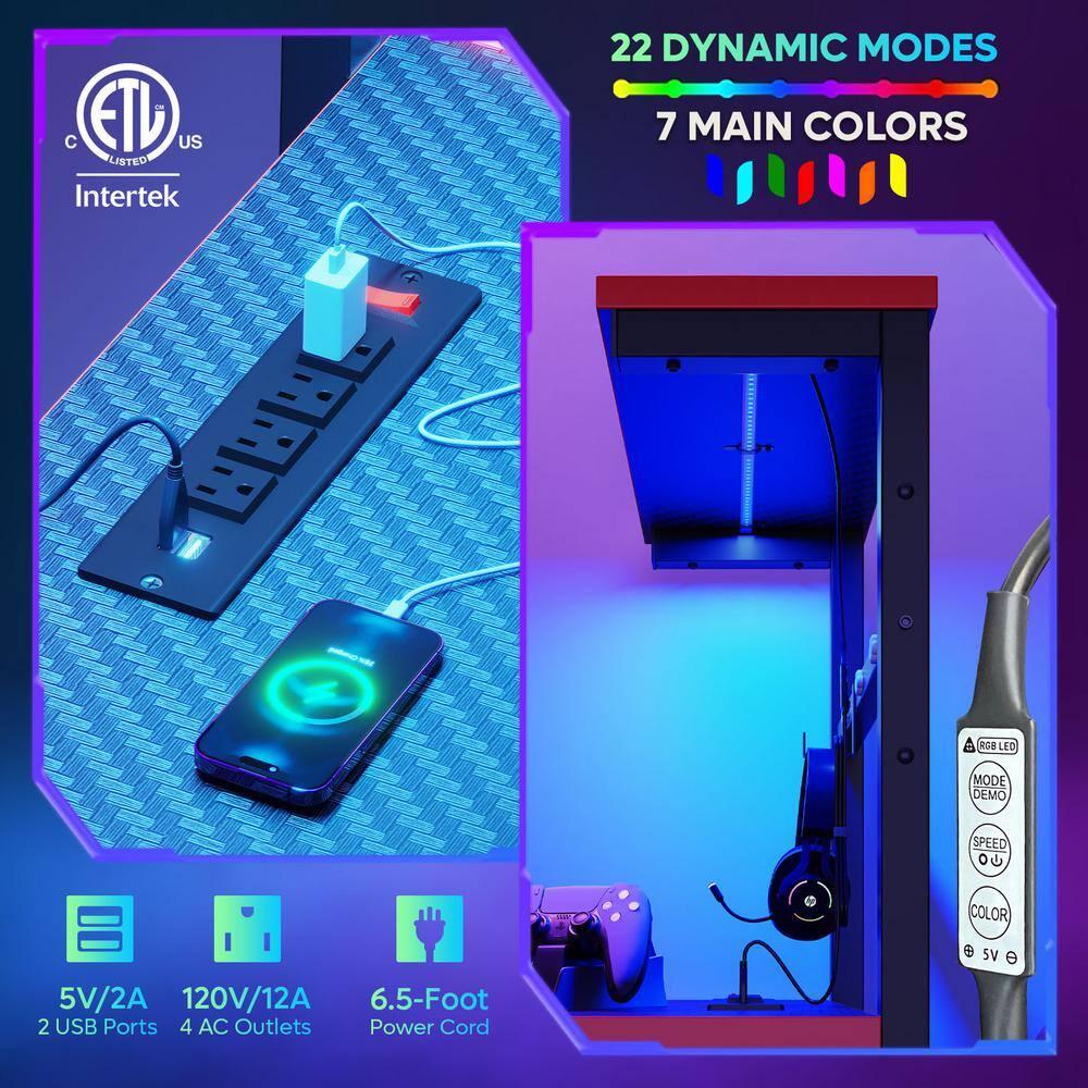 Bestier 44 inch LED Gaming Desk with Outlets & USB Ports Computer Desk with Storage Shelves in Black Carbon Fiber