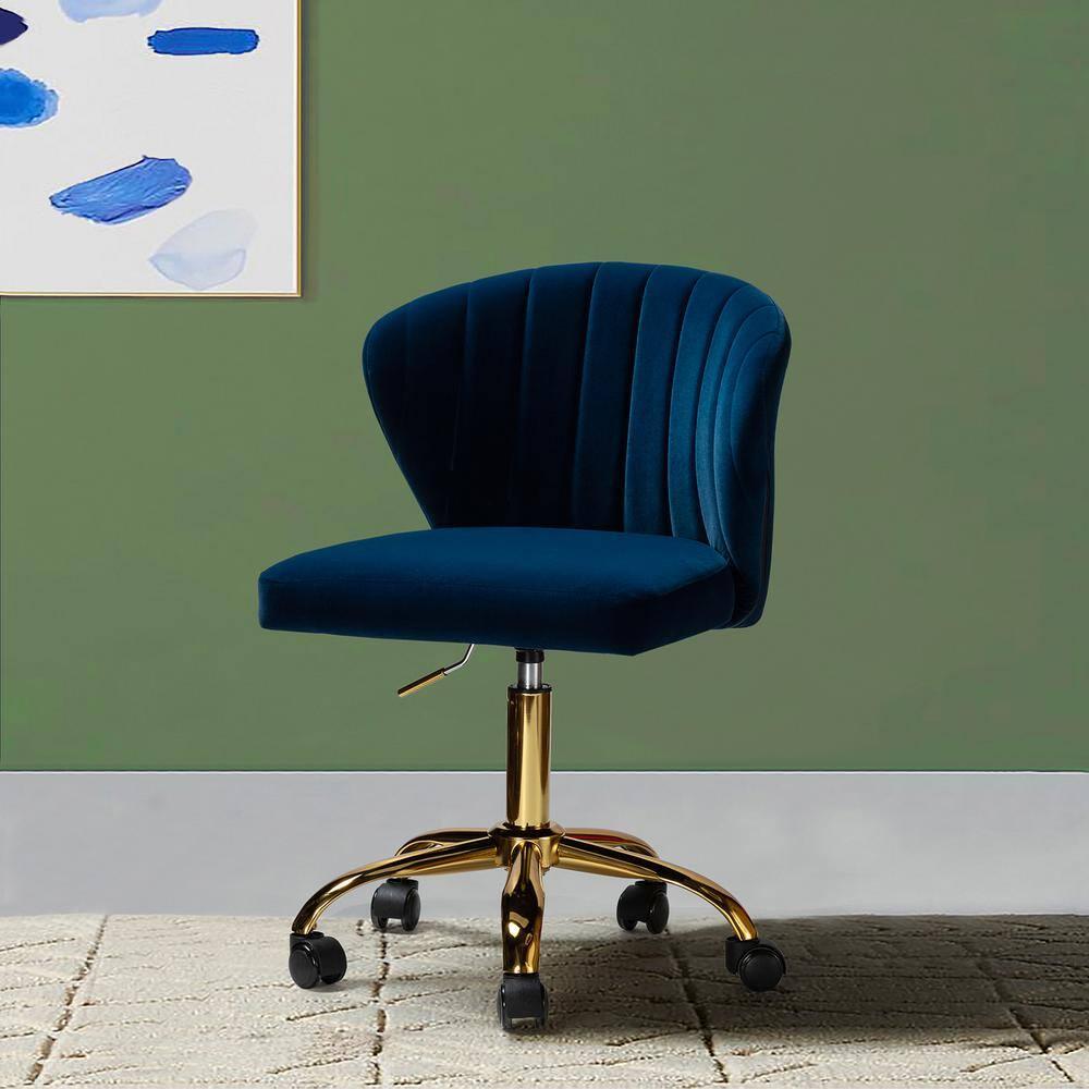 Navy Velvet Swivel Office Chair with Gold Legs, Adjustable Height Rolling Desk Chair for Vanity