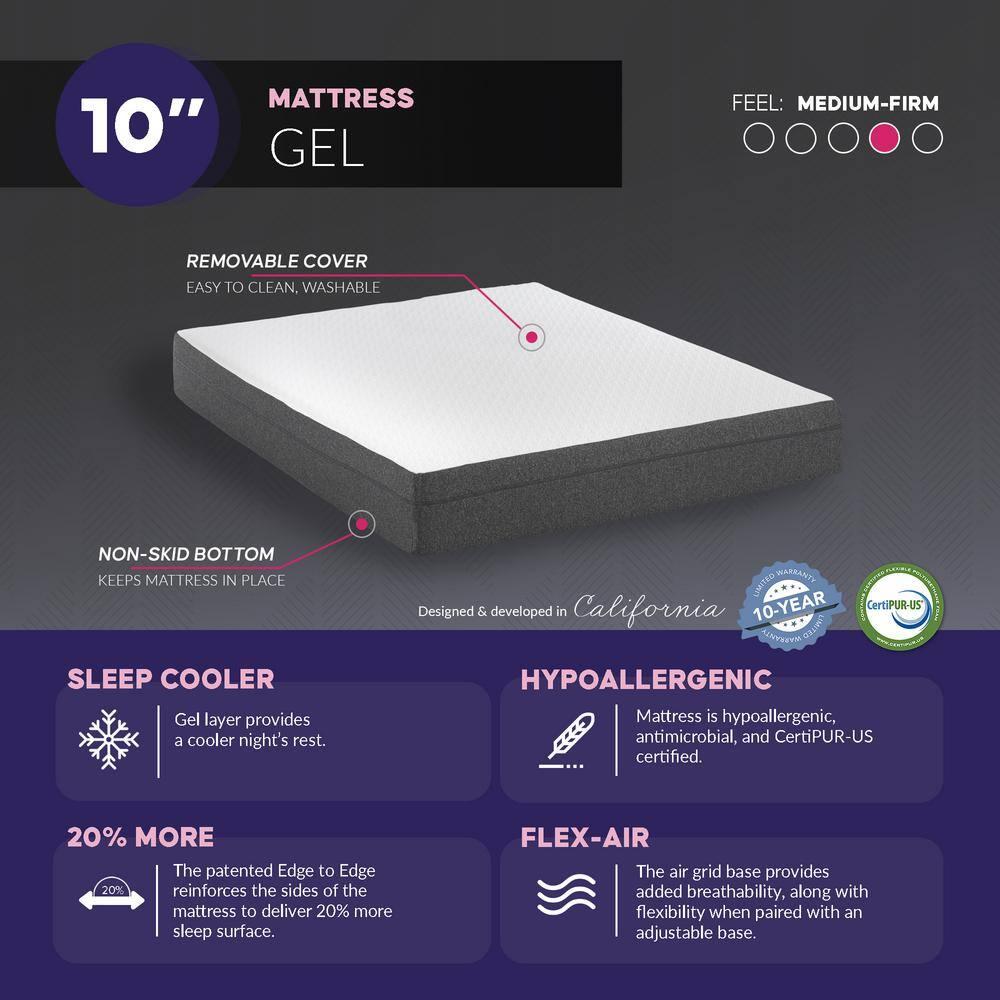 Blissful Nights e3 Twin XL Adjustable Bed Base Frame with 10" Medium Firm Gel Infused Memory Foam Mattress