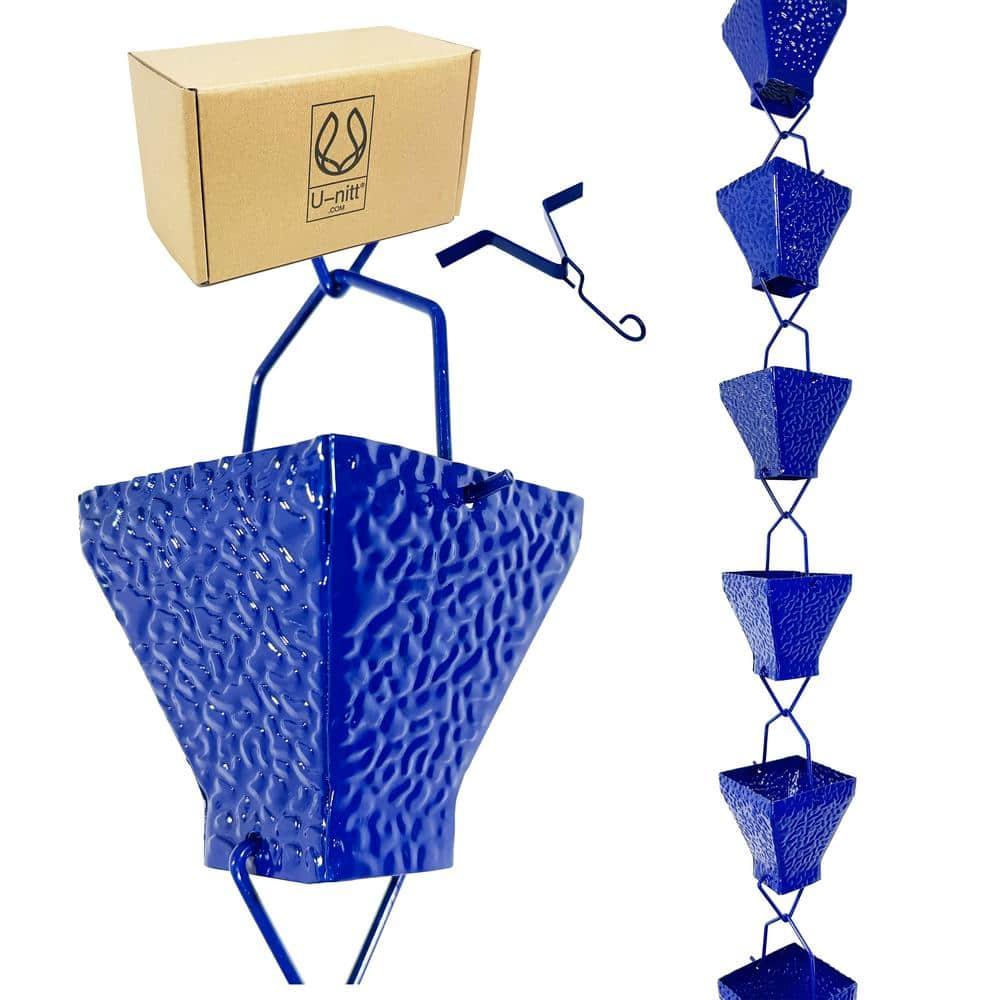 U-nitt Rain Chains, Roof Gutter Downspout Channel, Rainwater Catcher/Diverter, 8.5 FT, Metal, Blue Powder Coated, Texture Square, Modern, 5517BLU