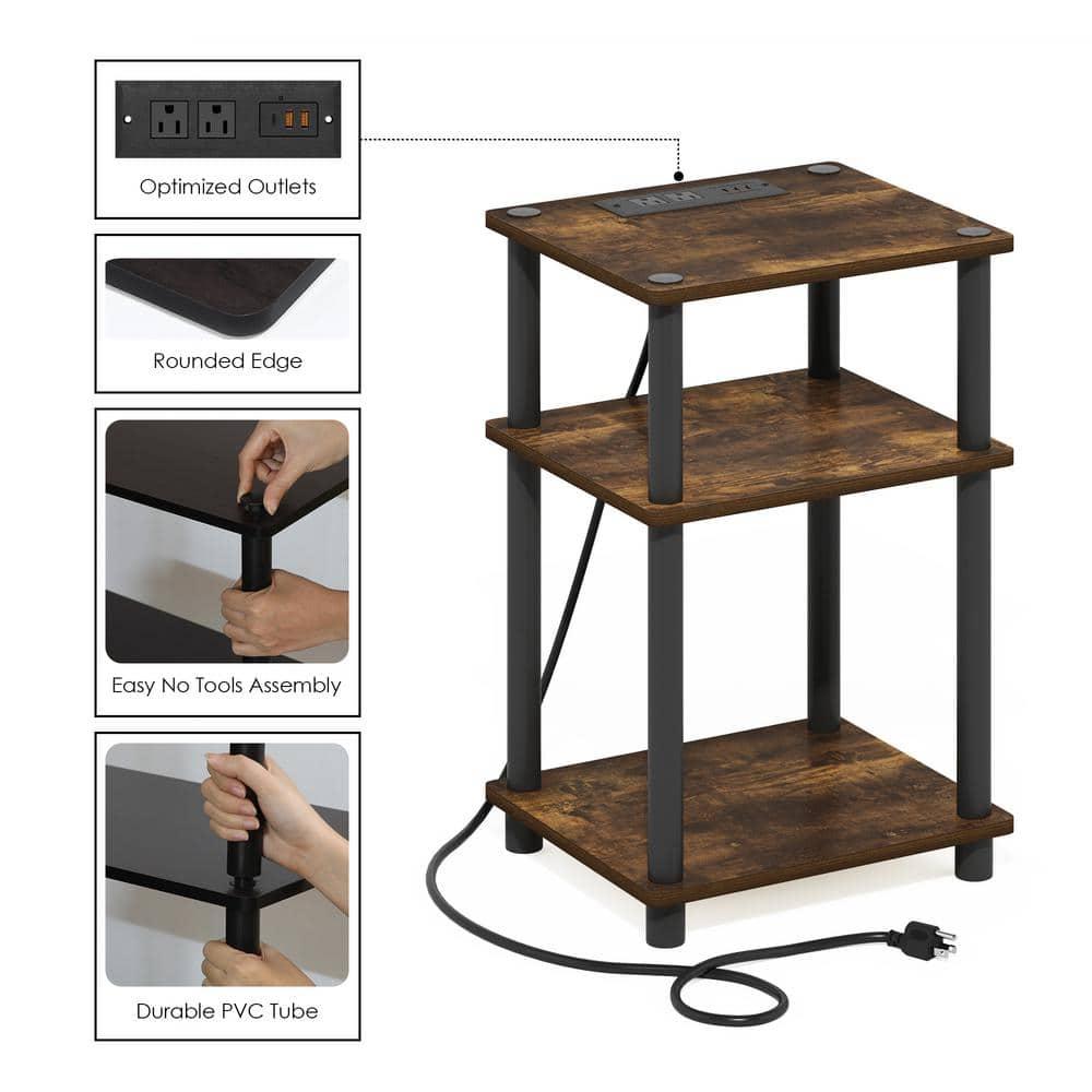 Furinno Just 3-Tier Turn-N-Tube USB and Type-C Charging Port End Table with Open Storage, Amber Pine/Black