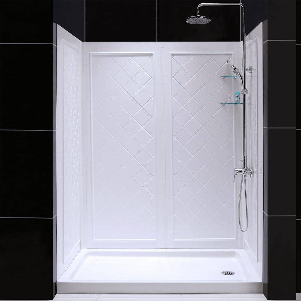 White Acrylic Square Alcove Shower Kit with Tile Pattern