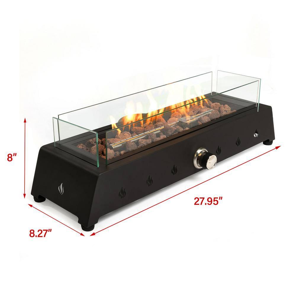 Tabletop Fire Pit with Quick Connect Joint, Glass Wind Guard and Lava Rock