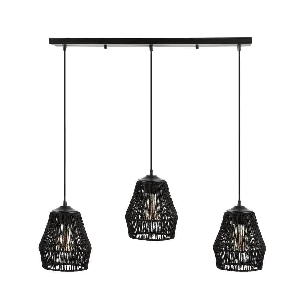 30" 3-Light Ibiza Island Woven Rope/Metal Bohemian Coastal Linear Pendant (Includes LED Light Bulb) Black - JONATHAN Y