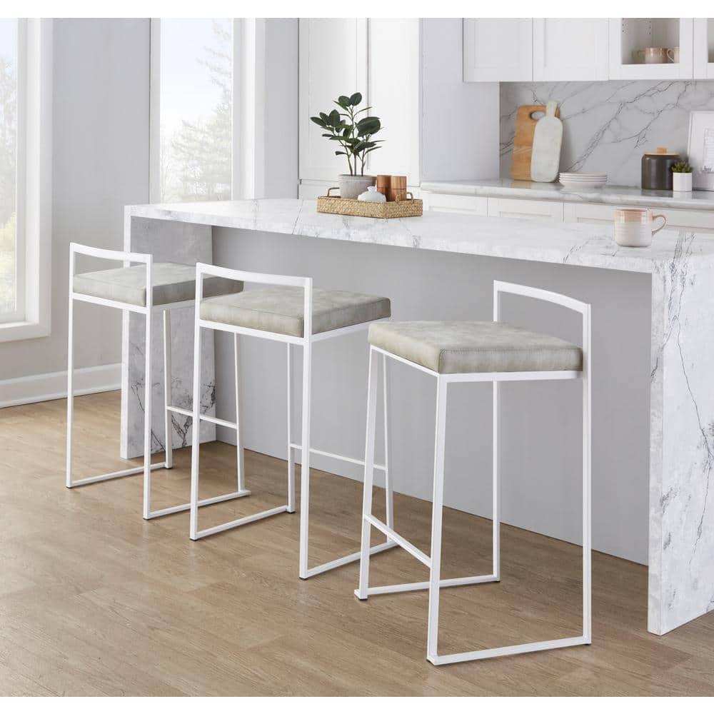 Contemporary Stackable Counter Stool In White With Light Grey Cowboy Fabric Cushion - Set Of 2