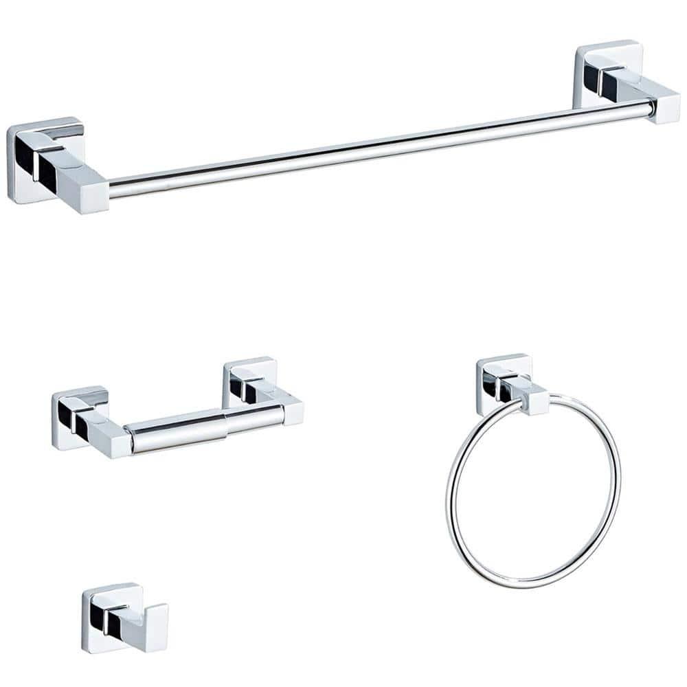 Chrome Bathroom Hardware Set 4 Pieces,Bathroom Accessories Set Stainless Steel Wall Mounted, Hand Towel Bar, Towel Ring, Robe Towel Hooks,Toilet Paper Holder,Towel Bar Set, 23.6 Inch