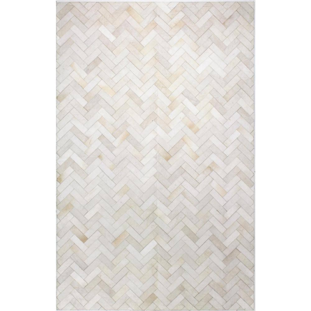 Santa Fe Collection Chevron Contemporary Leather Hand Stitched Area Rug, Cream - 5 x 8 ft.