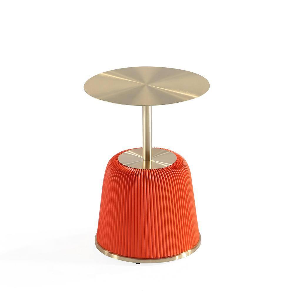 Manhattan Comfort Set of 2 Anderson Leatherette Upholstered End Tables with Gold Tabletop Orange: Round, No Assembly, Stainless Steel Frame