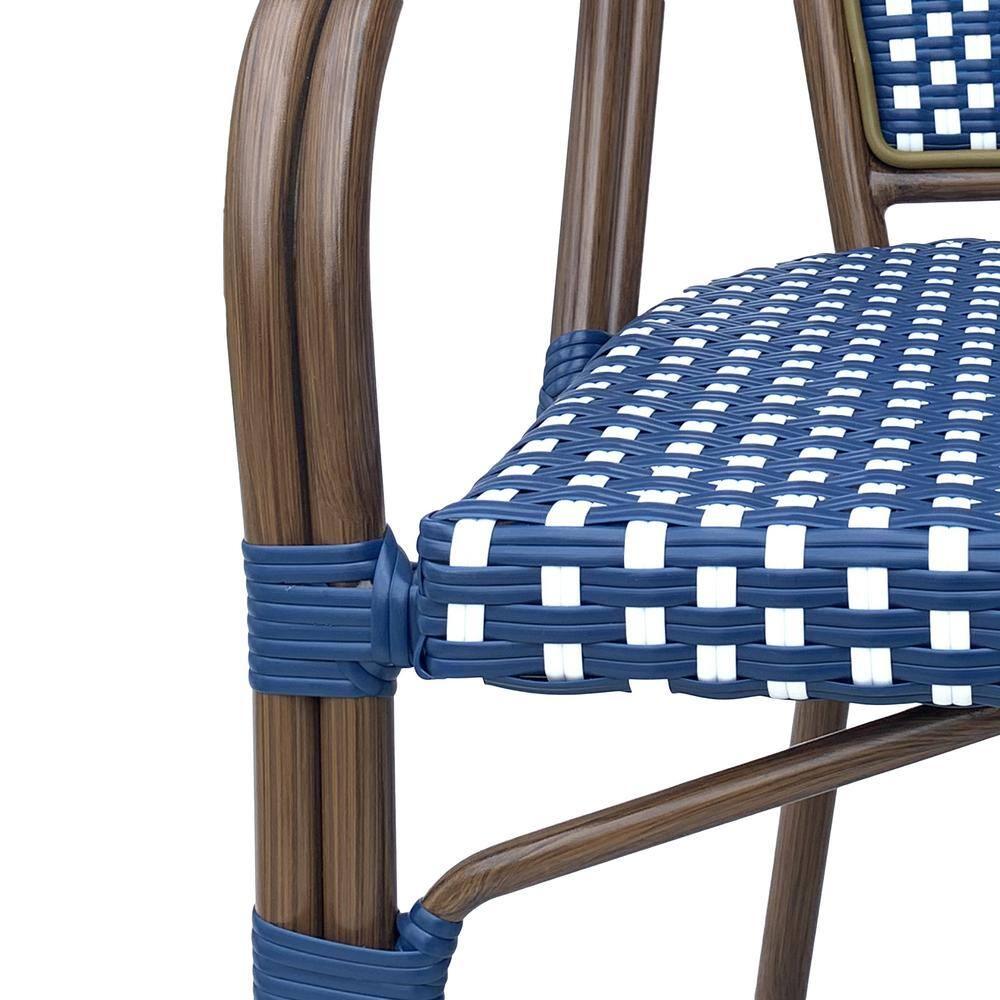 Cecil Aluminum and Wicker Outdoor French Bistro Chairs, Set of 2, Navy Blue, White, and Brown Wood