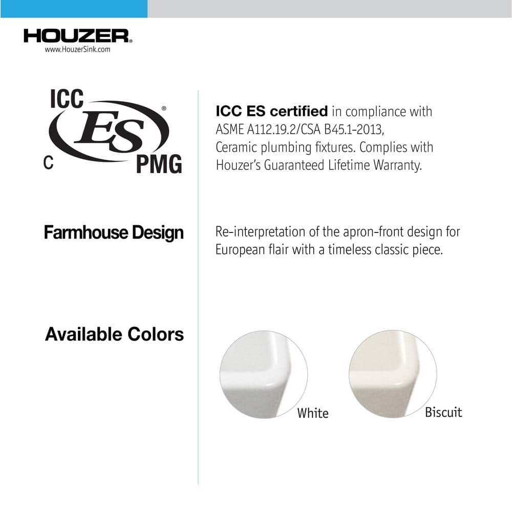 Houzer 30 in x 18 in Biscuit Fireclay Apron Front Single Bowl Kitchen Sink - PTS-4118 BQ
